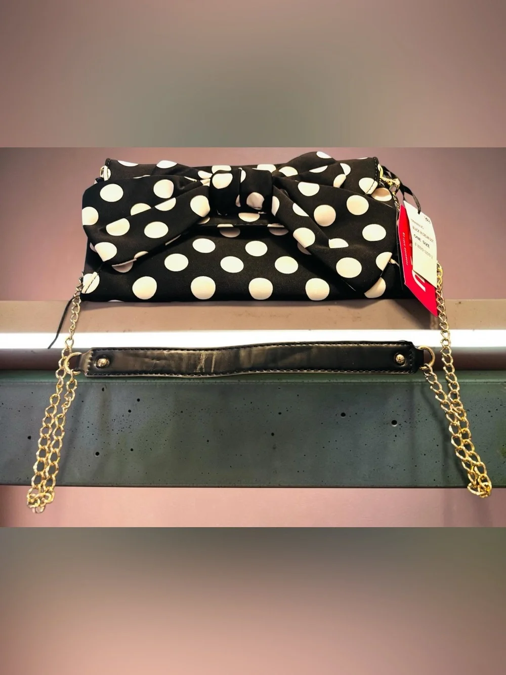 Lulu Guinness Black Polka Dot Bow Clutch with Gold Chain